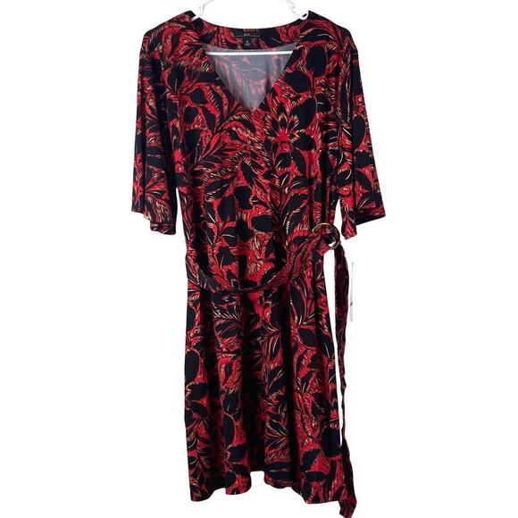 R&K Originals Dresses & Skirts - R&K Dress Women's Size 16 Red Black Gold Floral V-Neck Belt Knee Length NEW